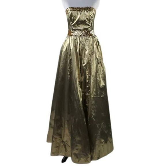 1980s XS Metallic Gold Strapless Gunne Sax Dress with Gold Sequin Belt - Picture 1 of 9